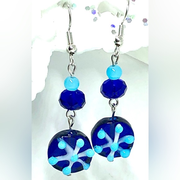 Cobalt Sky Blue and White Lampwork Glass Snowflake with Crystal & Jade Earrings - Picture 2 of 4